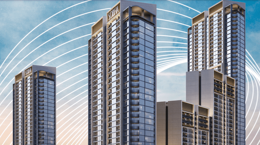 Trois grands gratte-ciel modernes dotés de fenêtres réfléchissantes sous un ciel bleu clair, entourés de poutres circulaires blanches stylisées suggérant une connectivité ou un réseau, représentant l'architecture innovante vue dans les immeubles d'appartements de Dubaï.