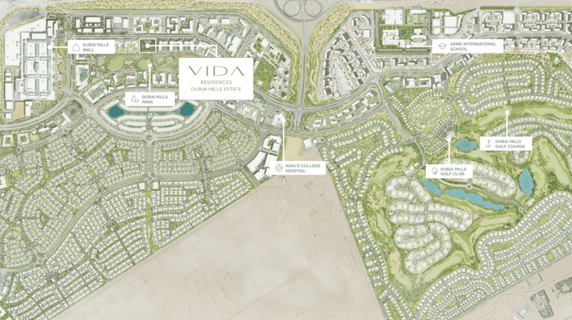 Carte aérienne détaillée du domaine Vida Residences Dubai Hills, présentant les zones résidentielles environnantes, le terrain de golf, les écoles et les tracés routiers dans une vue descendante, mettant en évidence les villas et autres options immobilières de Dubaï.