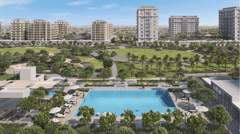 Un complexe résidentiel luxueux à Dubaï comprenant une grande piscine entourée de chaises longues et de parasols, des jardins verdoyants et plusieurs immeubles d'appartements de hauteur moyenne en arrière-plan. Un parc bien entretenu avec des sentiers pédestres et des palmiers est visible au-delà de la piscine. Parfait pour ceux qui recherchent des options immobilières haut de gamme à Dubaï.