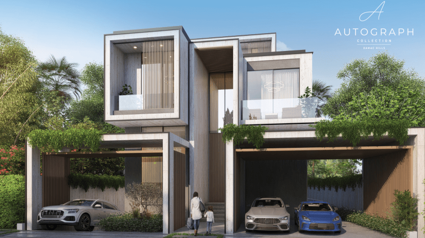 Moderna villa in cemento a due piani a Dubai con grandi finestre e accenti in legno, caratterizzata da un garage aperto che ospita due auto di lusso e una coppia che cammina verso di esso. L'edificio è circondato da una vegetazione lussureggiante.