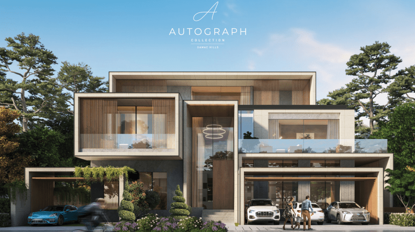 Moderna villa a due piani a Dubai con grandi vetrate, emblema centrale e auto parcheggiate, su uno sfondo di alberi sotto un cielo limpido.