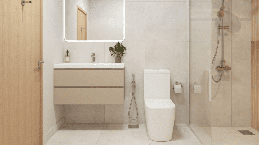 A modern bathroom in a Dubai villa featuring a wall-hung toilet, washbasin with basin and walk-in shower area, all in a clean, minimalist design with neutral colors.