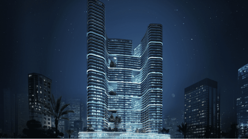 Une villa futuriste à Dubaï avec une architecture ondulante en forme de vague, éclairée la nuit, se dressant bien en évidence sur fond de toits sombres de la ville et de ciel étoilé.