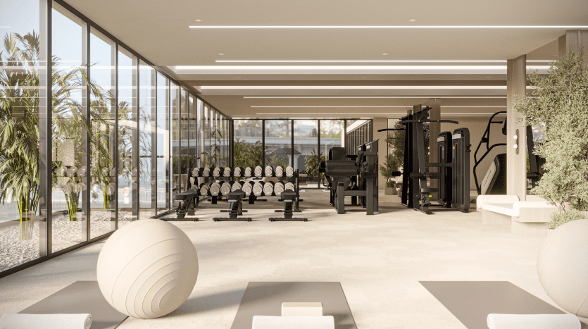 Intérieur de salle de sport moderne dans un appartement de Dubaï avec de grandes fenêtres en verre, baigné de soleil et équipé de tapis roulants, de poids et d'autres appareils d'exercice, entouré de plantes vertes.