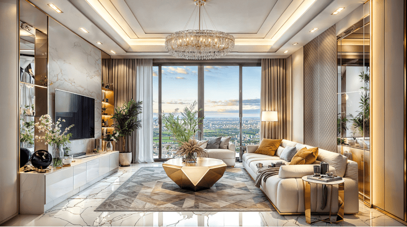 Salon luxueux dans une villa de Dubaï avec sols en marbre, meubles ornés de finitions dorées et un grand lustre. Les baies vitrées offrent une vue panoramique sur les toits de la ville.