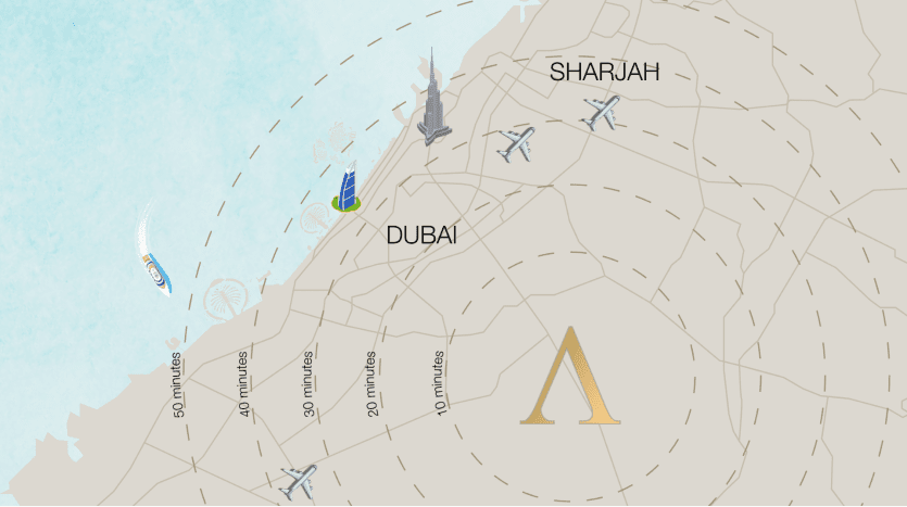 Carte montrant Dubaï et Sharjah avec des marqueurs indiquant les villas à Dubaï, entourés d'un graphique de rayon temporel en minutes.