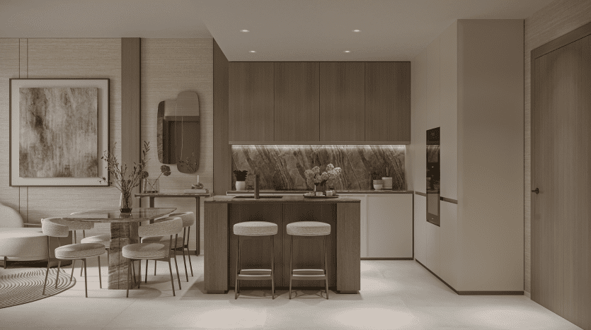Une cuisine et un coin repas modernes dans une villa de Dubaï avec des armoires en bois élégantes, un comptoir en marbre et des appareils électroménagers intégrés. L'espace dispose d'une table à manger ronde, de chaises rembourrées, d'un éclairage d'accentuation et de plantes décoratives.