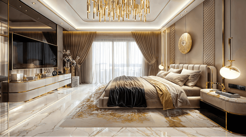 Intérieur de chambre luxueux dans un appartement de Dubaï avec un grand lit, un élégant décor doré et crème, un sol en marbre, des luminaires élégants et des baies vitrées donnant sur une vue sereine.