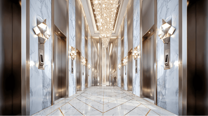 Couloir d'hôtel luxueux à Dubaï avec murs et sol en marbre, doté de lustres en cristal rectangulaires suspendus et de luminaires géométriques muraux symétriques.