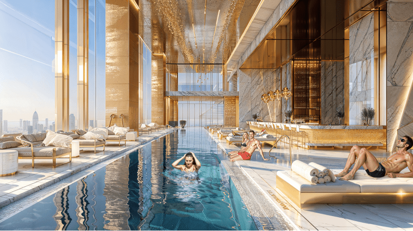 Espace piscine intérieure luxueuse dans une villa de Dubaï avec des gens se relaxant sur des chaises longues et nageant, de grandes fenêtres mettant en valeur les toits de la ville et des accents opulents d'or et de marbre partout.