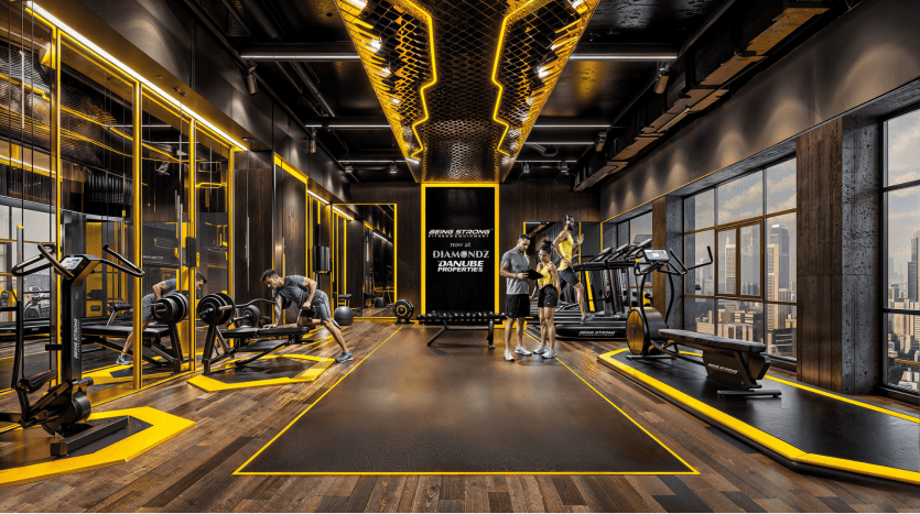 Intérieur de salle de sport moderne avec des individus s'entraînant, comprenant des tapis roulants, des équipements d'haltérophilie et de grandes fenêtres donnant sur le paysage urbain de Dubaï, avec des accents de couleurs noires et jaunes.