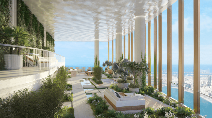 Luxueuse terrasse extérieure avec jardins verticaux, coins salons modernes et piscines donnant sur un paysage urbain et l'océan sous un plafond sculpté et ondulé dans un emplacement privilégié de l'immobilier à Dubaï.