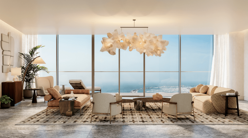 Un salon moderne et luxueux dans une villa de Dubaï avec de grandes fenêtres offrant une vue sur la mer, des canapés élégants, un luminaire central unique et une décoration de bon goût.