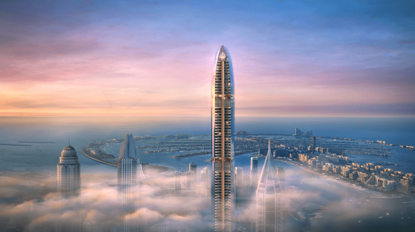 Vue aérienne d'une ville futuriste au lever du soleil, montrant un gratte-ciel haut et élancé entouré de nuages avec d'autres immeubles de grande hauteur et un littoral de Dubaï en arrière-plan.
