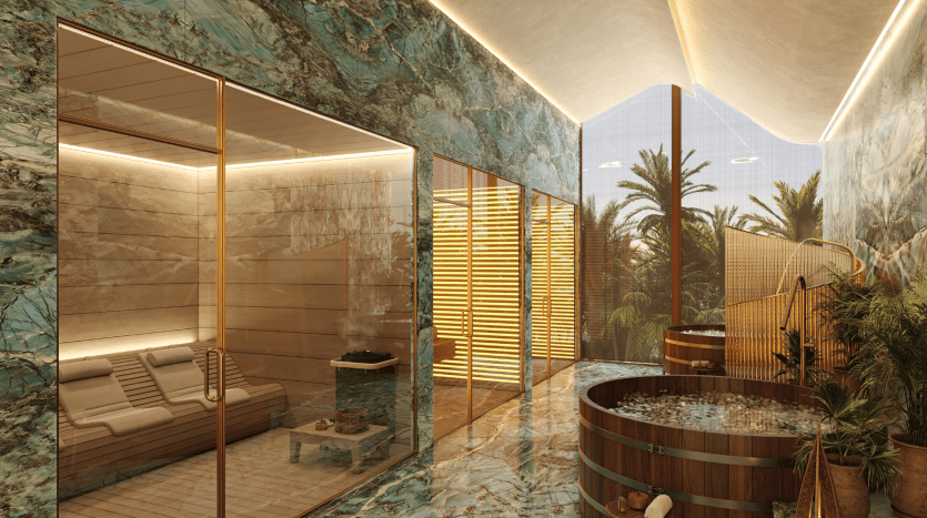 Intérieur de spa luxueux dans une villa de Dubaï comprenant un bain à remous en bois, des chaises longues de relaxation, un sauna vitré, des plantes tropicales et des murs ornés de marbre et de miroirs dorés.