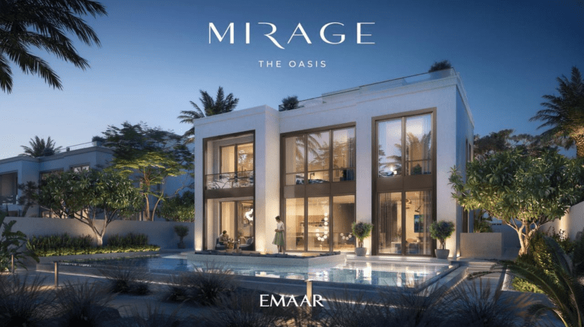 Illustration d'une luxueuse villa moderne à Dubaï au crépuscule avec de grandes fenêtres, un intérieur éclairé, une piscine devant, entourée de palmiers et étiquetée avec les logos "MIRAGE The Oasis" et "EMAAR".