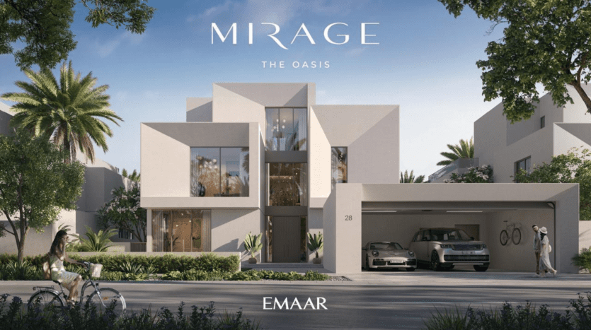Une villa luxueuse et moderne à Dubaï avec une architecture géométrique, avec de grandes fenêtres et une verdure luxuriante autour. Une femme à vélo et une autre marchant vers une voiture sont représentées dans un cadre ensoleillé et tranquille.