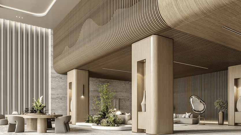 Azura Residences présente un intérieur spacieux et moderne avec de hauts plafonds et un design minimaliste. La pièce présente de grandes structures de colonnes, des lattes de bois verticales et horizontales, un coin salon circulaire avec de la verdure, un miroir rond et un éclairage naturel doux. Le mobilier est élégant et contemporain.