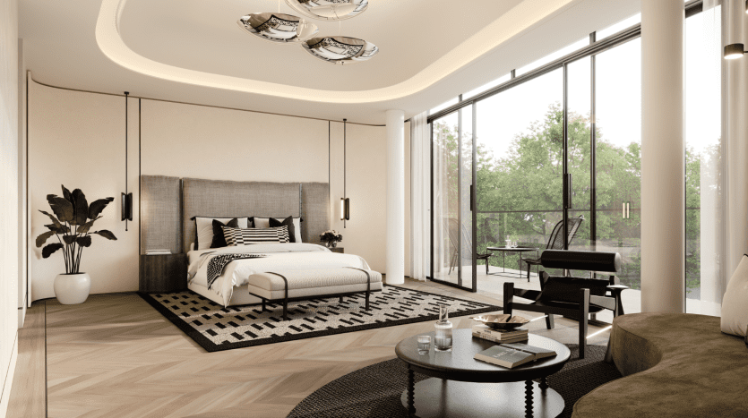 Chambre de villa moderne avec de grandes fenêtres donnant sur la verdure, dotée d'un lit moelleux, d'un éclairage élégant, d'un mobilier contemporain et d'un élégant tapis géométrique.