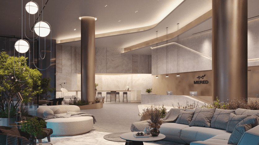 Un hall d'hôtel luxueux au décor moderne et élégant, doté de coins salons luxueux, de luminaires élégants et d'un bureau de réception minimaliste avec une pancarte « Iconic Tower » en arrière-plan. Les hautes colonnes et la verdure ajoutent à l’ambiance sophistiquée.