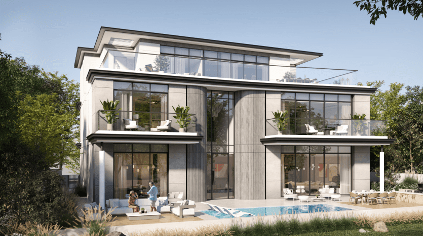 Villa moderne de deux étages avec de vastes murs de verre et des balcons, comprenant une piscine et un espace familial de détente en plein air, entourée d'une verdure luxuriante et équipée d'un mobilier élégant et contemporain.