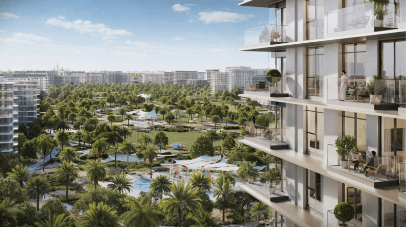 A modern high-rise apartment building with glass balconies, part of the luxury apartments of Address Residences, overlooks a lush green park with palm trees, alleys and recreational areas. People relax on the balconies, enjoying the sunny weather and panoramic views. Neatly arranged buildings occupy the background.