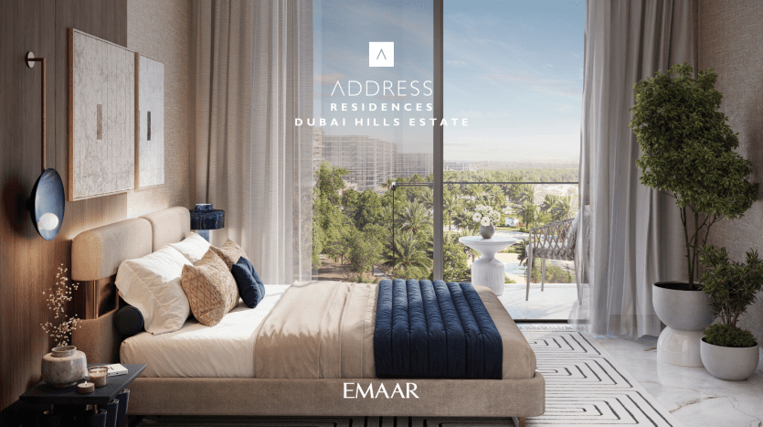 Elegant room in Address Residences Dubai Hills. The room features a soft bed with neutral linens, a modern wall sconce and large windows with sheer curtains overlooking a lush green landscape. The decor is minimalist and sophisticated.