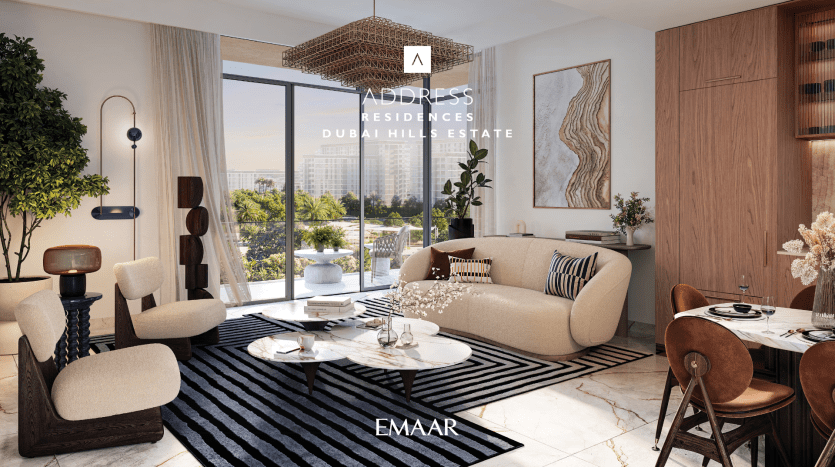 The modern living and dining room at Address Residences Dubai Hills features chic furnishings, including a beige sofa, two white armchairs and a round dining table with chairs. Large windows offer views of a lush garden. Décor includes abstract artwork, black-and-white striped carpet and elegant light fixtures.