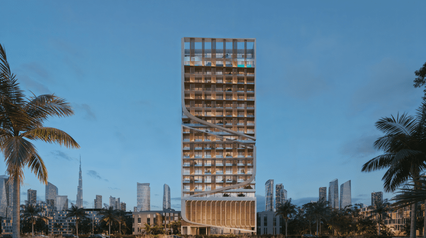 Havelock Heights, un immeuble moderne et haut avec un élément de design ondulé unique sur sa façade, se dresse en évidence dans un environnement urbain au crépuscule. Des palmiers encadrent la structure au premier plan, et d'autres gratte-ciels peuvent être vus en arrière-plan sous un ciel bleu clair.