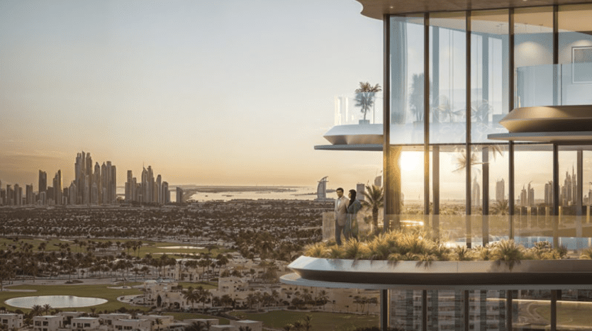 A modern balcony high above the sunset with two people standing by the railing. The view from One Sky Park overlooks a lush cityscape with verdant golf courses, numerous buildings and a distant skyline with iconic skyscrapers and a body of water.