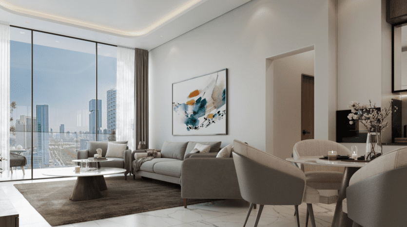 Le salon du Skyhills 2 offre une ambiance moderne avec vue sur la ville à travers de grandes fenêtres. Un canapé gris, des œuvres d'art murales abstraites et une table basse ronde complètent deux chaises beiges près de la table à manger. L'espace est décoré dans des tons neutres, dégageant une élégance épurée.