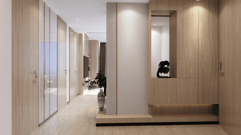 L'intérieur moderne du Binghatti Royale est doté de panneaux et de parquet en bois clair. Un couloir mène à un espace de vie doté d'une grande fenêtre. Les éléments décoratifs comprennent une sculpture noire sur une niche et une plante en pot, tandis qu'un éclairage doux met en valeur le design épuré et minimaliste.