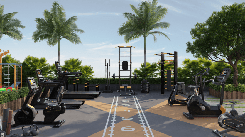 Le Skyhills 2 propose une salle de sport extérieure dotée d'équipements de fitness modernes nichée dans un jardin tropical. Il comprend des tapis de course, des vélos stationnaires et des appareils de musculation au milieu des palmiers et d'une végétation luxuriante. Profitez de la piste de course en son centre sous un ciel dégagé, où la nature rencontre des installations d'exercice ultramodernes.