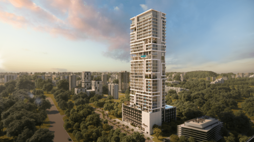 Un gratte-ciel moderne et de grande hauteur se dresse au milieu d'un paysage urbain verdoyant au coucher du soleil. Il présente un design élégant avec des balcons et de grandes fenêtres. Autour du bâtiment principal d'Allura se trouvent des structures plus petites, des arbres et un horizon urbain en arrière-plan.