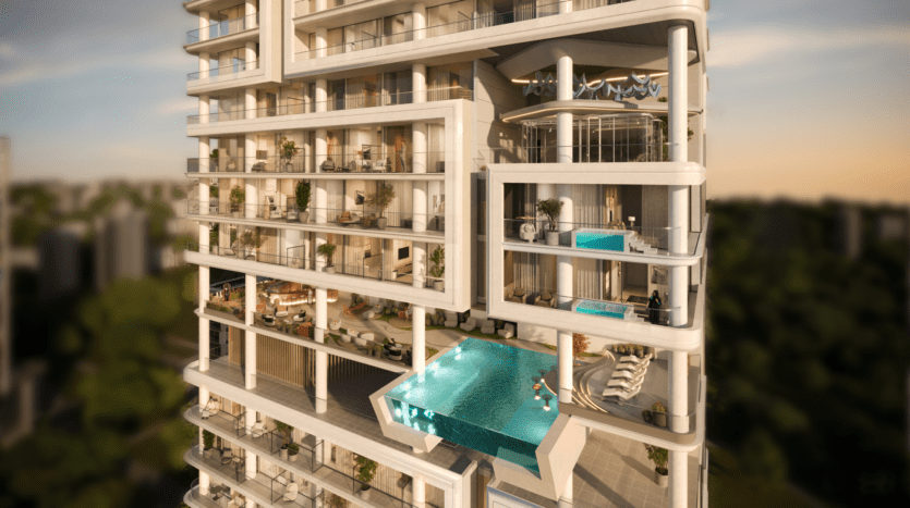 Un gratte-ciel moderne conçu par Allura Citi Developers dispose de balcons spacieux et ouverts avec un mobilier luxueux. Une superbe piscine extérieure s'étend depuis l'un des balcons, offrant une vue panoramique sur le paysage urbain au coucher du soleil.