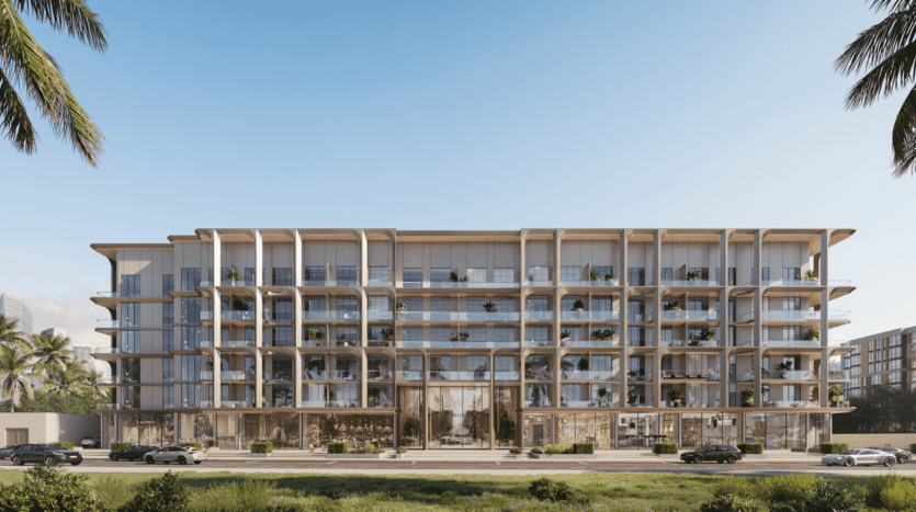 Le bâtiment contemporain à plusieurs étages du One Beverly Dubai arbore une façade en verre et poutres verticales, élégamment encadrée par des palmiers sous un ciel bleu clair. Des voitures étincelantes sont garées sur la route en face, complétant le décor moderne.