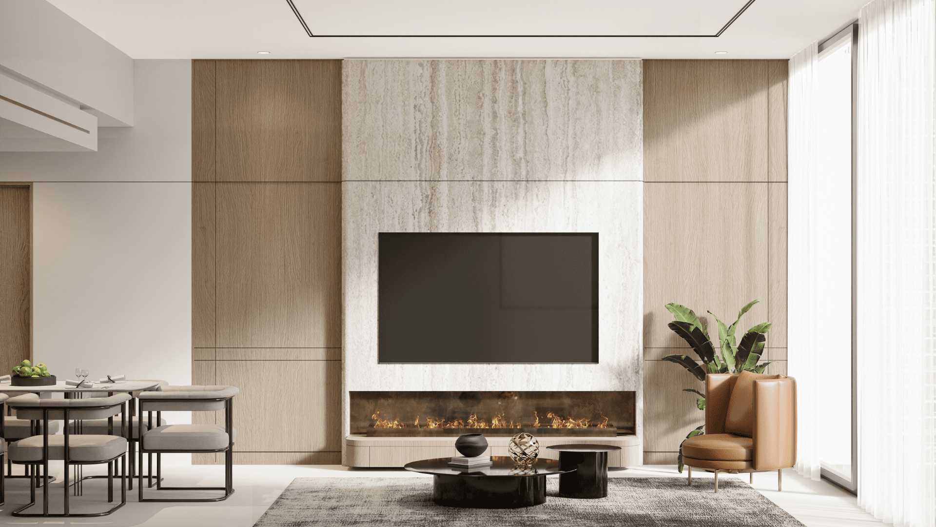 Le salon moderne du One Bervely Dubai est doté de murs en panneaux de bois clair, d'une télévision à écran plat montée au-dessus d'une élégante cheminée électrique horizontale et d'un coin salon confortable avec des chaises en cuir marron et une table basse ronde. La salle à manger adjacente comprend une table et des chaises minimalistes. De grandes fenêtres apportent de la lumière naturelle et une plante en pot ajoute une touche de verdure.