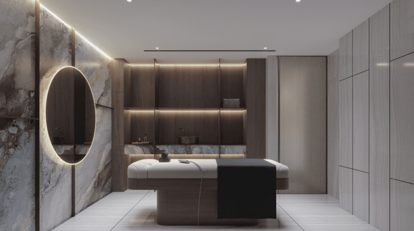 Une salle de soins spa moderne au One Beverly Dubai dispose d'une table de massage, de boiseries sombres et de murs en marbre. Un grand miroir rond avec rétroéclairage reflète la lumière ambiante. Des serviettes soigneusement pliées sont visibles sur une étagère, créant une atmosphère sereine.