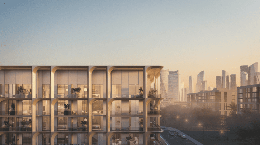 Un immeuble d'appartements moderne avec de grandes fenêtres et des balcons, agrémentés de plantes en pot, surplombe le paysage urbain de One Beverly Dubai. La scène se déroule au coucher du soleil, projetant une lueur chaleureuse sur les gratte-ciel et la végétation luxuriante en contrebas.