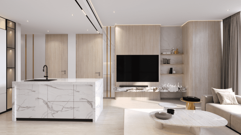 Le salon et la cuisine modernes inspirés de Binghatti Royale disposent d'un îlot de cuisine en marbre avec un robinet noir, d'une grande télévision à écran plat sur un mur en panneaux de bois et d'un mobilier minimaliste dans une palette de couleurs neutres.