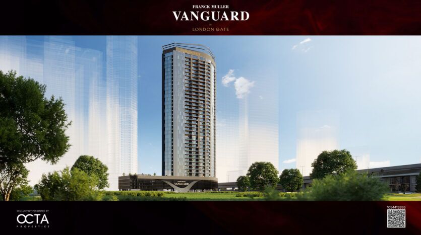 Un immeuble moderne de grande hauteur situé au milieu d'un espace vert paysager sous un ciel bleu parsemé de nuages. Le bâtiment présente un design élégant et de grandes fenêtres, avec le panneau "Franck Muller Vanguard" à l'entrée du bâtiment. Des arbres entourent la zone.