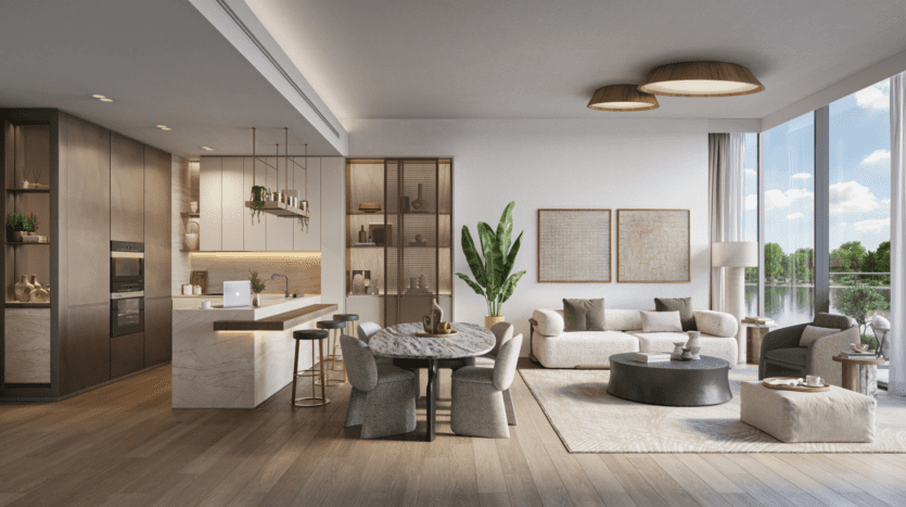 The Highgrove features a modern, open-plan living space with kitchen, dining room and living room. It features parquet flooring, light-colored furniture, large windows with lake views, contemporary decor with plants and wall art.