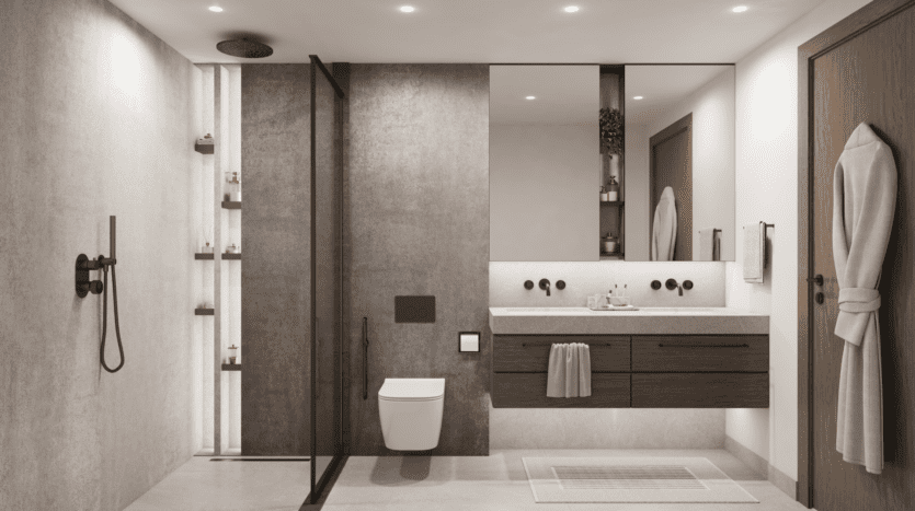 Modern bathroom with minimalist design. It features a walk-in shower with glass partition, wall-hung toilet and wooden vanity with two basins. A large full-width mirror extends over the vanity. Neutral tones create a serene atmosphere.