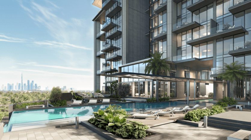 The Highgrove is a modern luxury apartment building with glass balconies overlooking an outdoor pool surrounded by sun loungers and lush vegetation. The skyline, with a tall tower in the distance, rises majestically beneath a clear blue sky.