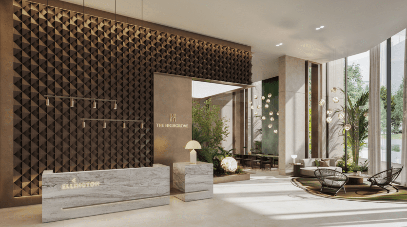 Modern lobby with geometric walls, elegant reception and stylish lighting. Large windows let in natural light, illuminating the green plants and comfortable seating. The name "The Highgrove" is displayed on the wall.