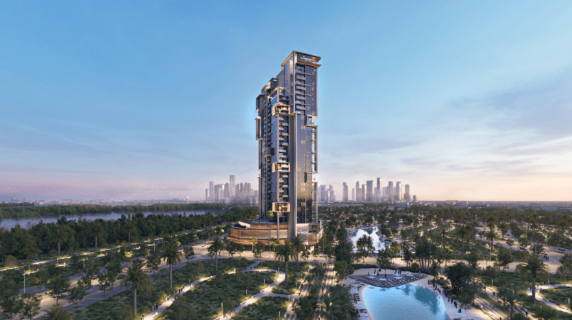 The Highgrove, a modern skyscraper, stands proud against a twilight sky, surrounded by lush vegetation and a meandering river. The city skyline is visible in the background, and a large swimming pool in the foreground reflects the evening light.