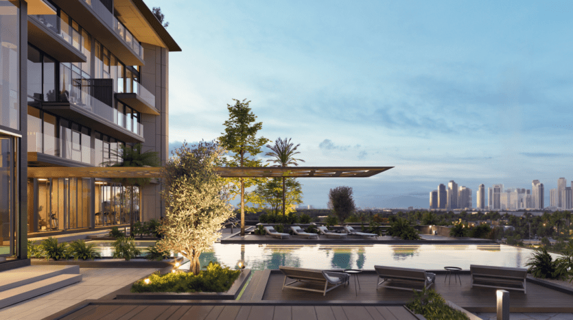 The Highgrove is a modern apartment building with balconies overlooking a swimming pool surrounded by trees and sun loungers. The city skyline is visible in the distance under a clear blue sky, adding to the charm of this urban oasis.