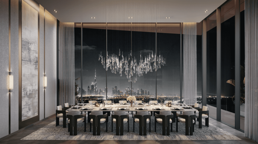 Luxurious dining room at the Highgrove, with a large table set for dinner under an abstract chandelier. The bay windows offer a breathtaking view of the city at night, with illuminated skyscrapers. The modern decor includes elegant chairs and a textured carpet.