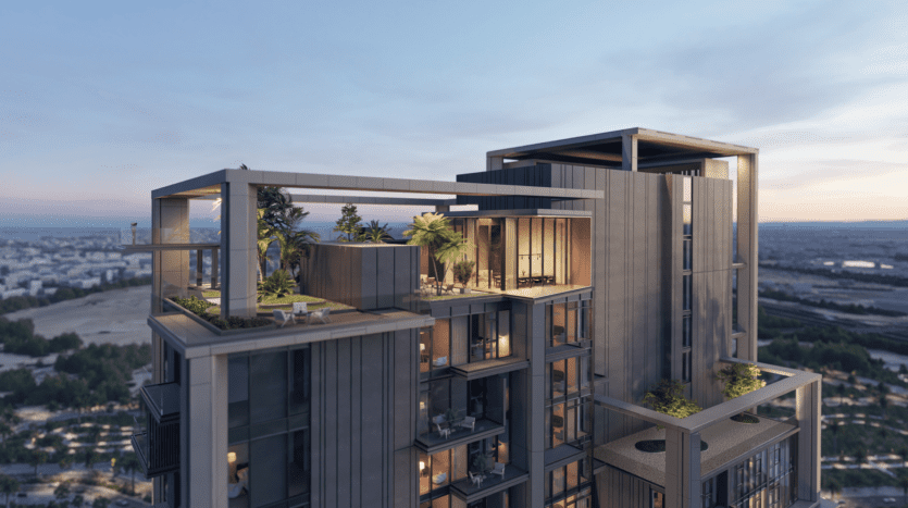 The Highgrove is a modern high-rise building featuring an open roof terrace with green spaces and seating. The structure features elegant, angular architecture with large windows, against a backdrop of cityscape under a blue sky and pink at dusk.