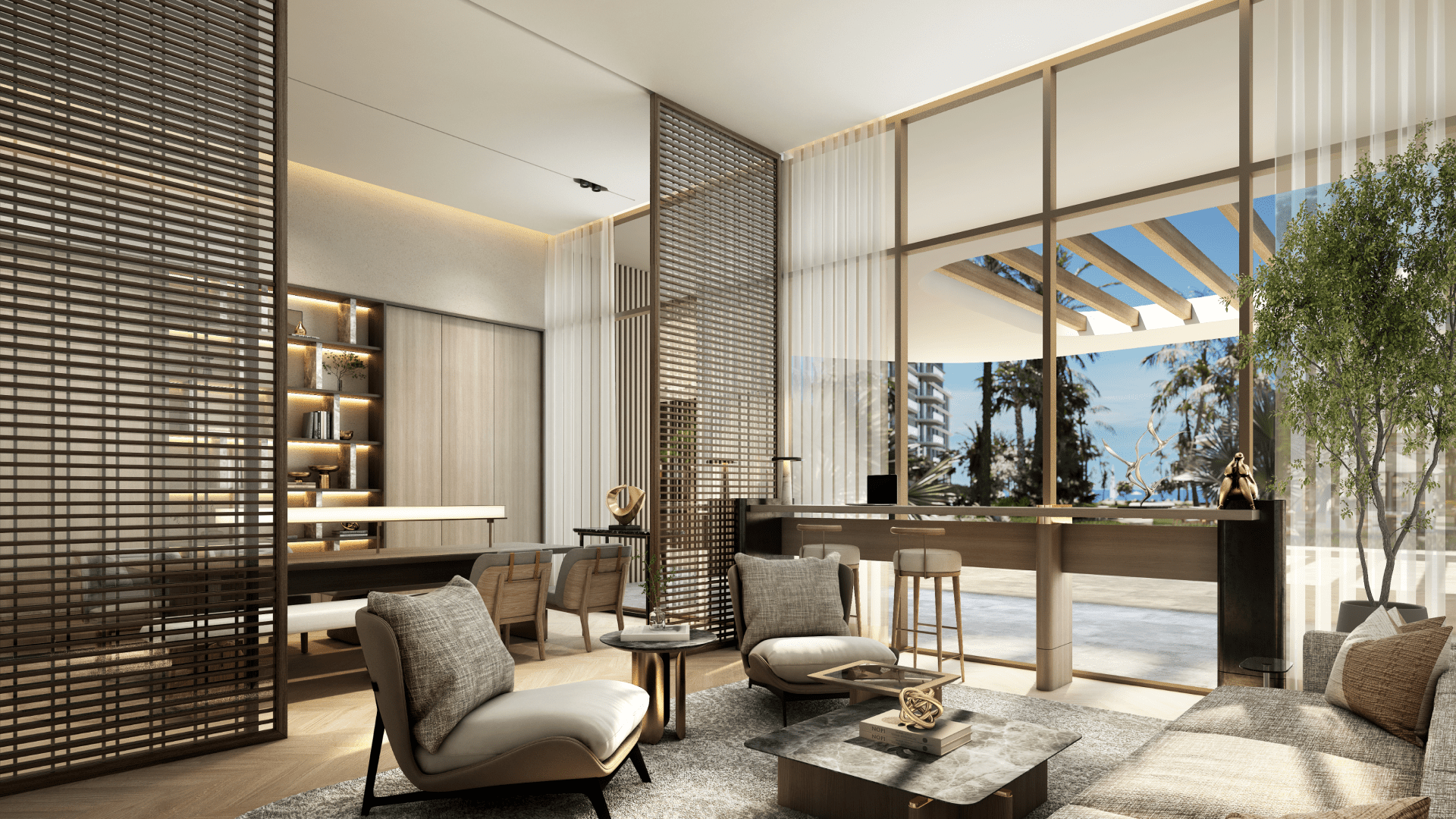 Hall d'entrée moderne avec mobilier contemporain, panneaux en bois et grandes fenêtres avec vue sur un espace extérieur avec palmiers. L'espace comprend des sièges confortables, des objets décoratifs et une abondante lumière naturelle.